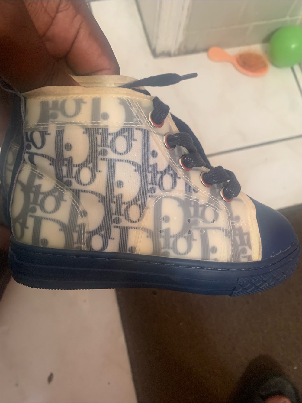 Dior Navy Blue Monogram Kids High-Top Sneakers